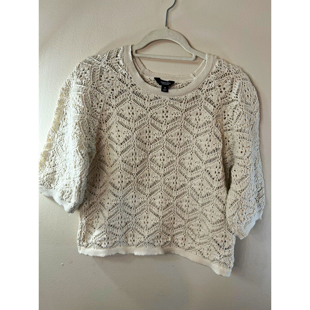Simply Vera Vera Wang Women's M Beige Cotton Open-Knit Crochet Pullover Sweater